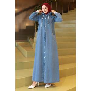 Manteau Abaya en jean côtelé à capuche bleu clair 19280 pour femme Mega Merchant – Veste et Trench-coat quotidiens modestes - Product Image 1