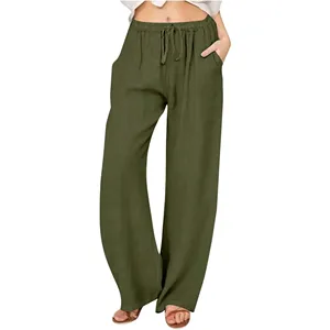 Pantalones de lino verde oscuro sólido personalizados para mujer, pantalones sueltos de pierna ancha de verano con cintura con cordón informal fluido para mujer con bolsillo - Product Image 1