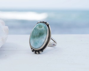 Serene Larimar Oval <b>Thin</b> Band <b>Ring</b> Blue White Natural 925 Sterling Silver Handmade Organic Statement Jewelry Gift Bulk Product - Product Image 1