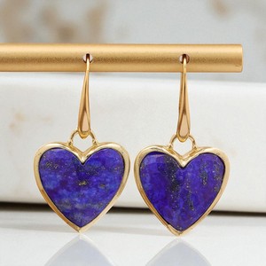 Pendientes colgantes con bisel de piedras preciosas de lapislázuli en forma de corazón chapado en oro de 14K, regalo de San Valentín para mujer - Product Image 1