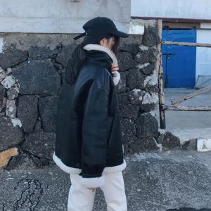 Blouson d'aviateur unisexe noir en peau de mouton véritable Sherpa en peau de mouton doublée de fausse fourrure Veste d'hiver en cuir rétro chaude - Product Image 5