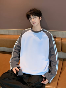 T-shirt à manches longues à col rond rayé pour homme |   T-shirt polo uni vintage à rayures latérales, style sport décontracté et preppy - Product Image 3