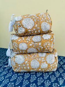 Quilted Indian block Print Large Toiletry Bag, Quilted Cotton Waterproof Toiletry <b>Pouch</b> | Block Print <b>Make</b> <b>Up</b> Bag | Cosmetic Bag - Product Image 3