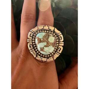 Gabby Spencer Golden Hill's <b>Statement</b> Boho <b>Ring</b> Turquoise Sterling <b>Silver</b> Vermeil Plating Platinum Band Size 8 Everyday Wear - Product Image 2
