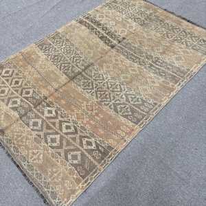 Turkish Vintage Rug 4.2x6.4 ft, Kilim <b>Brown</b> Check <b>Wool</b> Rug - Product Image 2