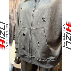 <b>Robot</b> Punch Double Hood Zipper Hoodie French Terry 500 GSM 100% Cotton Distressed Oversized Drop Shoulder Vintage Winter - Product Image 3