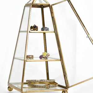 Joyero de cristal de lujo moderno con marco de metal dorado/oro rosa personalizable forma de pirámide para anillos collares caja decorativa - Product Image 6
