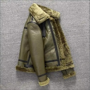 Men Olive Green Shearling 100% <b>Sheepskin</b> Fur Windproof Warm Genuine Leather Custom Manufacture In Pakistan - Product Image 2