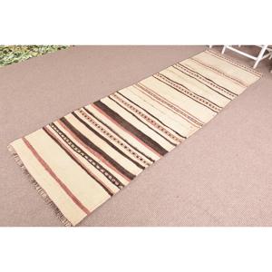 2.6x9 ft Runner Turkish Rug, Vintage Rug, White <b>Brown</b> Geometric <b>Wool</b> Rug - Product Image 2