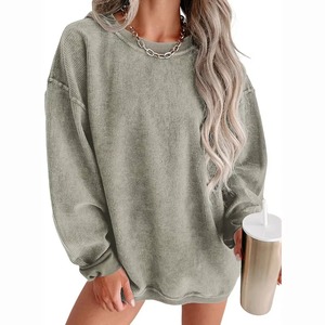 Venta al por mayor a granel en blanco liso de gran tamaño de punto acanalado hombro caído cuello redondo mujeres pulóver personalizado sudadera de manga larga - Product Image 4