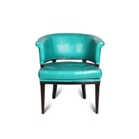 Fauteuil bas en cuir turquoise avec structure en bois d'akazie massif, élégant fauteuil d'appoint pour hôtels et salons