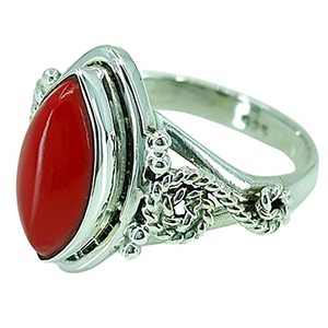 Bague artisanale en argent sterling 925 de style bohème, pierre précieuse corail de couleur rouge, forme marquise, bijoux fins - Product Image 1