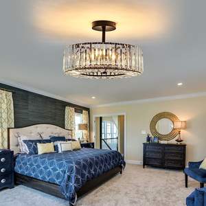 Luces Candelabro de cristal moderno Negro Redondo Semi Flush Mount Lámpara de techo Candelabro de granja para comedor - Product Image 6