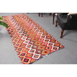 Alfombra de lana turca vintage de 35x94 pies, Alfombra de sala de estar de tejido plano de retazos rojos con respaldo de látex para decoraciones - Product Image 1