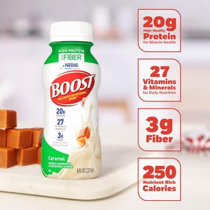 BOOST High <b>Protein</b> with Fiber Ready to Drink Complete Nutritional Drink, Caramel, 8 fl oz Bottle, 24 Pack - Product Image 3
