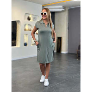 Robe en viscose à manches courtes et col pour femme, 36887 - Vert - Product Image 1