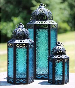 Vente chaude Métal Marocain Bougeoir Lanterne À La Main Bleu Couleur Verre Pour Eid Et Ramadan Décoration. - Product Image 1