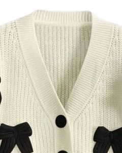 Manufacturer Customized <b>Women</b> <b>White</b> Cropped Knit <b>Cardigan</b> Sweater With Black Bow Appliques V Neck Button Front Fashion Winter - Product Image 4