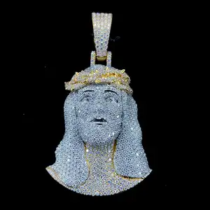 Pingente de cabeça de hip hop Jesus 925 prata esterlina banhado a ouro amarelo Vvs Moissanite pingentes de diamante de ouro