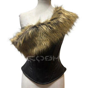 Black Leather <b>Corset</b> With Fur Trim One-Shoulder Asymmetric Steel Boned Bustier Top - Product Image 1