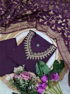 Majestic Mauve <b>Kurta</b> Set with Banarasi Dupatta Festive Indian Wear <b>for</b> <b>Women</b> with Embroidery Detailing - Product Image 5