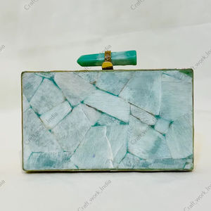 Amazonite Gemstone Panel <b>Clutch</b> with Natural Stone Handle Gold Tone Metal Frame Handcrafted Statement Bag for parties <b>weddings</b> - Product Image 1