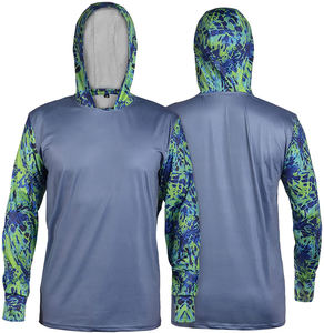 Men's Long Sleeve Fishing Shirt UPF 50 Blue <b>Camo</b> Print 100% Polyester Pullover Anti-Uv Protection Hooded <b>Top</b> - Product Image 4