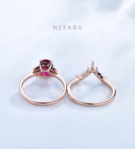 Juego de 2 anillos personalizados-anillo de compromiso de rubí de corte ovalado con anillo de boda de contorno, joyería de boda de rubí de oro sólido de 14K hecha a mano - Product Image 3