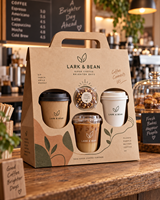Boîte cadeau personnalisée pour café AT PACK avec poignée |   Boîte d'emballage à emporter pour 3 gobelets avec logo pour café, salons de thé et boissons