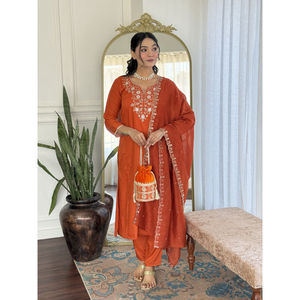 Pure Viscose Chinon Kurti SetStylish Viscose Chinon Suit con bordado y Dupatta | Conjunto de Ropa Étnica india | Kurti Bottom S-XXL - Product Image 1