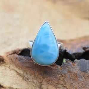 Caribbean Larimar Ring Pear Shape Sterling Silver Gemstone US Size 7 Handmade Jewelry Gift For Women - Product Image 4