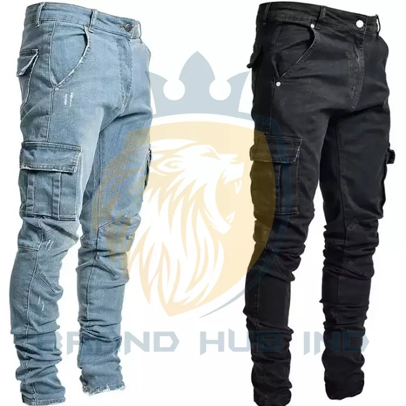 Good Quality Washable Slim Fit Denim Pants 100% Cotton Heavy Thick Jean Side Cargo Pocket Jeans Pant For Men