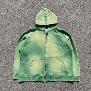 Sudadera con capucha y cremallera para hombre, estilo tie-dye, de algodón French Terry, con gradiente verde, informal, con bolsillos. - Product Image 1