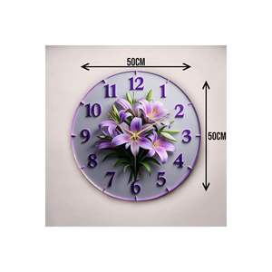 Reloj de pared de madera silencioso con relieve floral púrpura de 50cm, regalo estampado con estampado colorido - Product Image 4