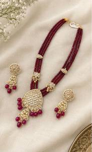 Parure Collier et Boucles d'Oreilles TISHYA DIAMOND en Alliage de Cuivre Plaqué Or, Coupe Brillante, Imitation Rubis, Perles et Pompons, Bijoux Ethniques pour Femme - Product Image 2