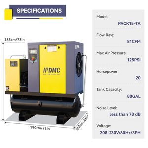Compresor de Aire Industrial de 20 HP, Tanque Refrigerado de 80 Galones, 208-230V Trifásico, 81 CFM a 125 PSI, Compresor de Tornillo Rotativo, Herramienta Neumática, 30 kg, Manual - Product Image 1