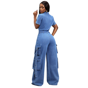Combinaison cargo en jean pour femme, manches courtes, fermeture éclair avant, jambe large, style utilitaire, tenue décontractée une pièce, bleu délavé, haute qualité - Product Image 2