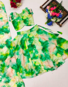 Conjunto de Lehenga Choli Largo con Estampado Digital Verde de Lujo Moderno de Shoryam Fashion |   Ropa de Fiesta de Boda para Niños de Secado Rápido - Product Image 1