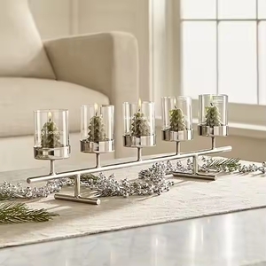 Bougeoir en aluminium et verre argenté Bougeoir décoré pour la maison Centres de table en métal à 5 bras pour la décoration de mariage - Product Image 6