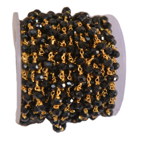 Chaîne de chapelet en quartz noir plaqué or de 6mm, chaîne de perles en fil de laiton, chaîne de perles rondelle à facettes pour la fabrication de bijoux - Product Image 1
