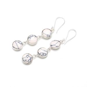 Pendientes colgantes de tres piedras de howlita blanca de Plata de Ley 925 FORMA DE cabujón de alta calidad para regalo o fiesta - Product Image 1