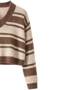 Manufacturer Custom Brown Striped <b>Women</b> V Neck Sweater Soft Knit Pullover <b>Long</b> Sleeve Winter Casual Fashion Jumper <b>For</b> Wholesale - Product Image 4