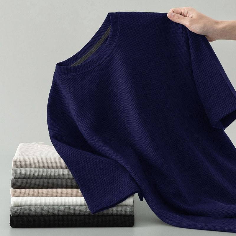 เสื้อวาฟเฟิลถักแขนสั้นสีกรมท่ามีปก