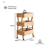 Chariot de rangement mobile pour cuisine ou commerce de détail, en bois de caoutchouc massif, robuste et pratique, exportation de meubles de Malaisie
