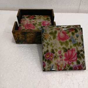 FLORAL SQUARE Hot Selling Wooden <b>Marble</b> Resin Customized Coaster Set with Natural & Customized Color Made in India - Product Image 3