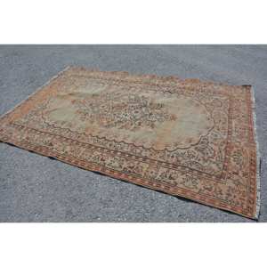 Tapis en Laine Vintage Orange Beige 5.7X8.7 ft Fait à la Main Style Tabriz Peluche Pile Rectangulaire Patchwork pour Chambre à Coucher Latex Turc - Product Image 2