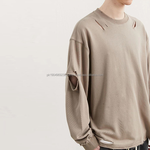 Sweat-shirt en molleton français à col rond, surdimensionné, à épaules tombantes, déchiré, lavage vintage, streetwear, 100% coton, pour homme - Product Image 2