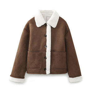 Veste d'hiver décontractée de couleur marron à col rabattu et à manches longues pour femmes - Product Image 1