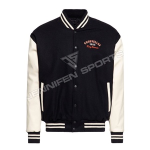 Chaqueta universitaria de lana con logotipo bordado, Mangas de cuero y forro acolchado, botón de cierre sin cuello para invierno - Product Image 1