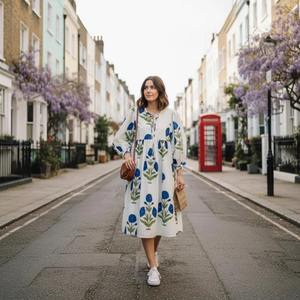 Vestido Midi de Algodón Floral Hecho a Mano por el Fabricante, Vestido de Algodón Bohemio con Estampado a Mano para Bodas, Festivales y Viajes de Verano - Product Image 1